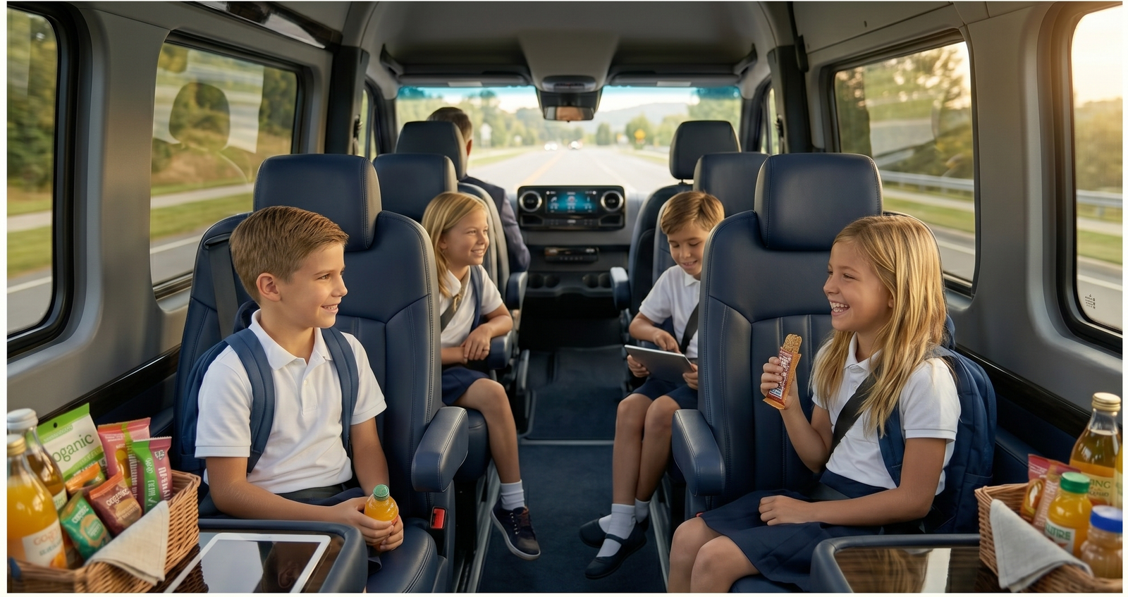 Happy kids inside high-end shuttle van
